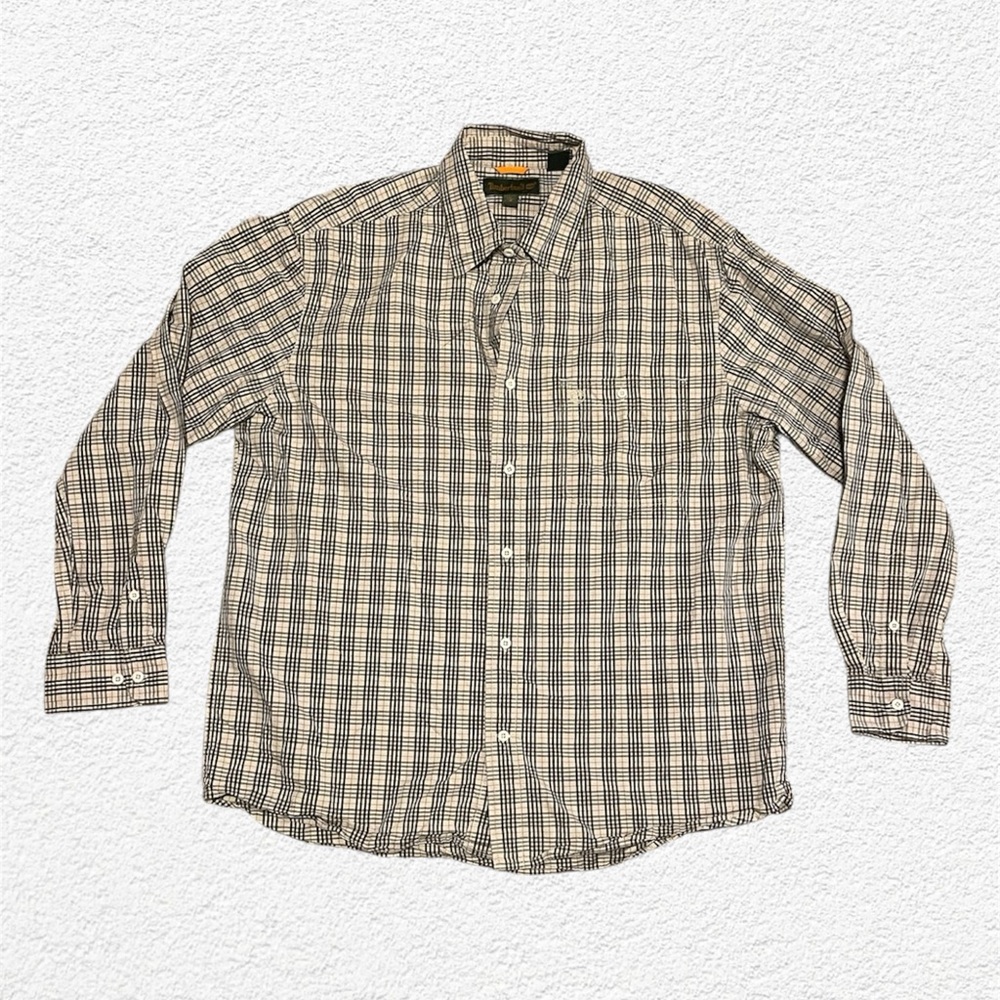 Timberland Plaid Button Down Shirt Large 100% Cotton Green Cream Red